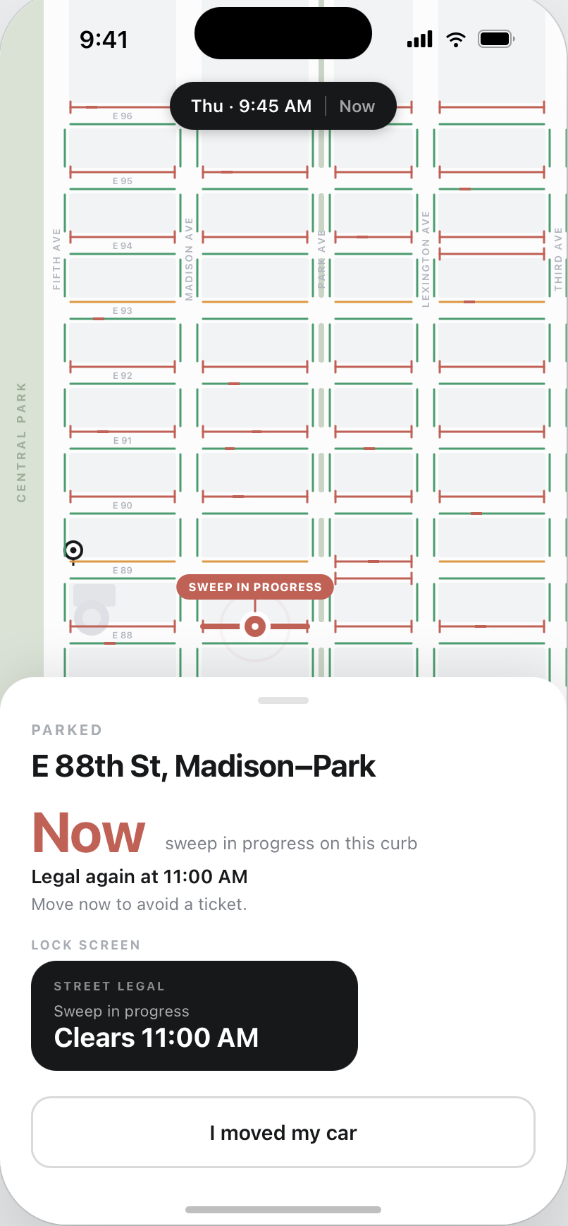Street Legal showing curb parking rules in Manhattan and a street-cleaning warning